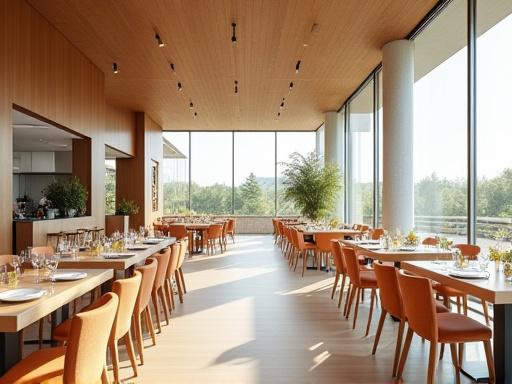 Bright and modern communal dining hall.