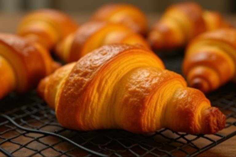 Golden-brown, flaky croissants cooling on a black wire rack.